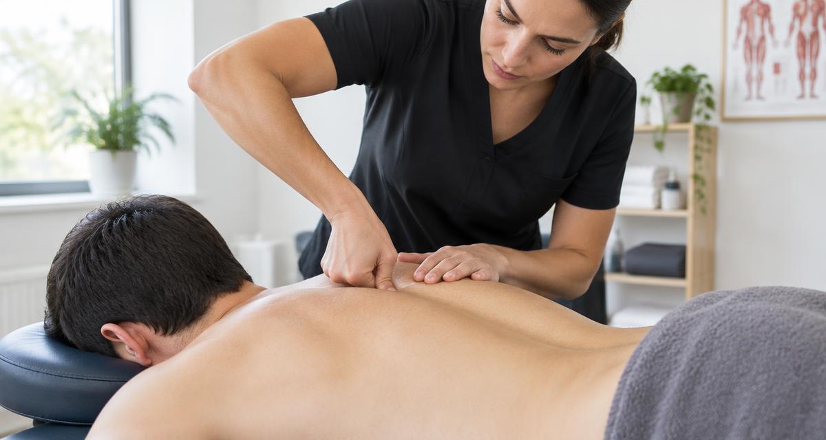 Masseur drukt gericht op een spanningspunt in de schouder tijdens een triggerpointmassage